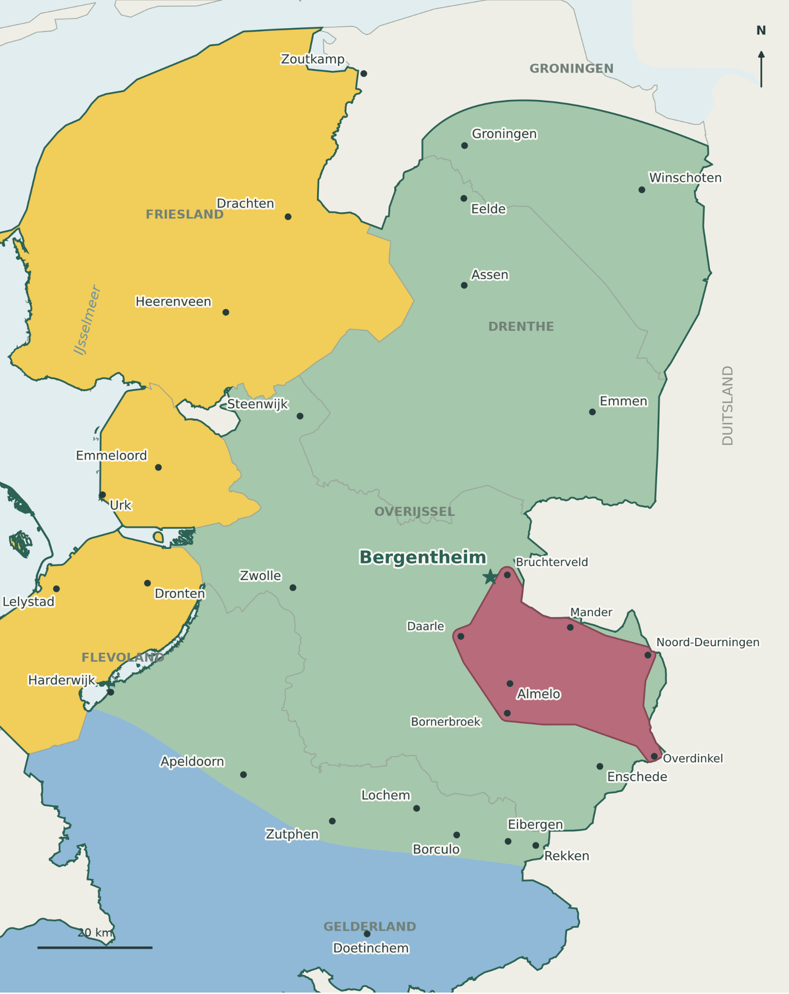 Kaart met groen werkgebied van Kachel Boer, geel van Roy Kachels & Onderhoud en rood van Maja Services